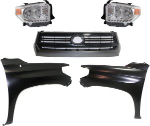 Grille Kit for 2014-2015 Toyota Tundra, Painted Black Shell and Insert, 5-Piece, Includes Fenders and Headlights, Replacement