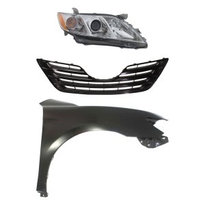 Headlight Assembly Kit for 2007-2009 Toyota Camry, Right (Passenger) Side, 3-Piece with Fender and Grille, Halogen, USA Built, Replacement