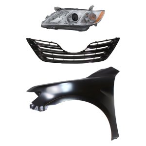 Headlight Assembly Kit for 2007-2009 Toyota Camry, Left (Driver) Side, 3-Piece Set, Halogen, USA Built, with Fender and Grille Replacement