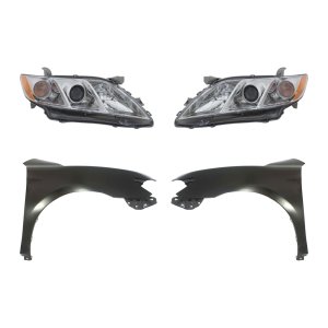 Headlight Assembly Kit for 2007-2009 Toyota Camry, Includes Right (Passenger) and Left (Driver) Lights with Fenders, 4-Piece Set, Replacement