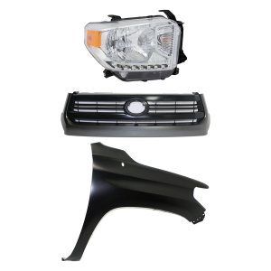 Grille Replacement Kit for Toyota Tundra 2014-2017, Painted Black Shell and Insert, 3-Piece Set, with Fender and Headlight