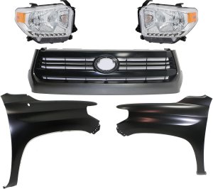 Grille Kit for Toyota Tundra 2014-2017, Includes 5-Piece Painted Black Shell & Insert, Fenders, and Headlights, Replacement