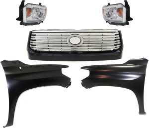 Grille Kit for 2014-2017 Toyota Tundra, Painted Silver Shell with Gray Insert, 5-Piece Set includes Fenders and Headlights, Replacement