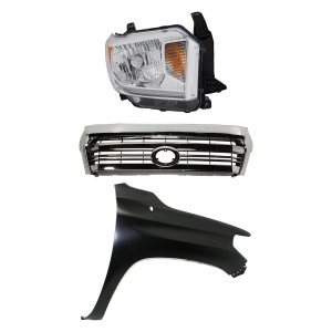 Chrome Shell and Insert Grille for 2016-2017 Toyota Tundra, 3-Piece Kit with Fender and Headlight Replacement