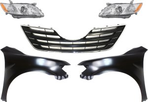 Headlight Kit for 2007-2009 Toyota Camry, Right (Passenger) and Left (Driver), Lens and Housing, Halogen, 5-Piece with Fenders and Grille Assembly, Replacement