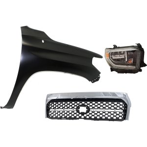 Headlight Assembly Kit for 2018-2019 Toyota Tundra, Right (Passenger) Side, LED, 3-Piece Kit, with Fender and Grille Assembly, Replacement