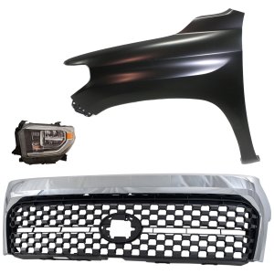 Headlight Assembly Kit for Toyota Tundra (2018-2021), Left (Driver) LED, 3-Piece with Fender and Grille Assembly, Replacement