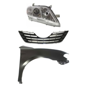 Headlight Kit for 2007-2009 Toyota Camry, Right (Passenger) Lens and Housing, Halogen, 3-Piece Set with Fender and Grille Assembly, Replacement