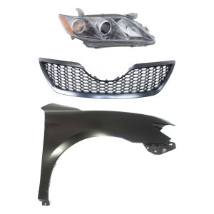 Headlight Assembly Kit for 2007-2009 Toyota Camry Right (Passenger) Side, 3-Piece with Fender and Grille Assembly, Halogen, Replacement
