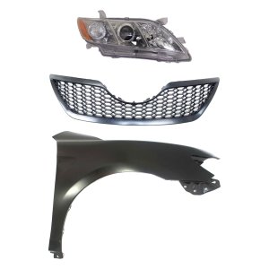 Headlight Kit for Toyota Camry 2007-2009, Right (Passenger) Lens and Housing, 3-Piece Halogen, Includes Fender and Grille Assembly, Replacement
