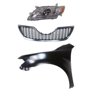 Headlight Kit for 2007-2009 Toyota Camry, Left (Driver) Side, Lens and Housing, Halogen, 3-Piece Set with Fender and Grille Assembly, Replacement