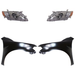 Headlight Kit for Toyota Camry 2007-2009, Right (Passenger) and Left (Driver), Lens and Housing, Halogen, 4-Piece Kit, with Fenders, Replacement