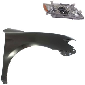 Headlight Kit for 2007-2009 Toyota Camry, Right (Passenger) Side, with Lens, Housing, and Halogen, 2-Piece Kit, Fender Included, Replacement
