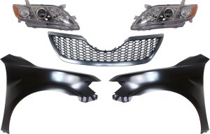 Headlight for Toyota Camry 2007-2009, Right (Passenger) and Left (Driver), Lens and Housing, Halogen, 5-Piece Kit with Fenders and Grille Assembly, Replacement.