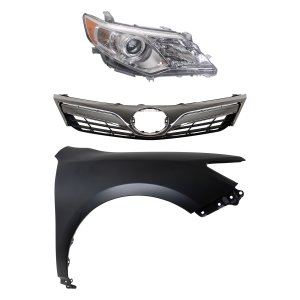 Headlight Assembly Kit for 2012-2014 Toyota Camry, Right (Passenger) Side, 3-Piece with Halogen Light, Fender and Grille Assembly, Replacement
