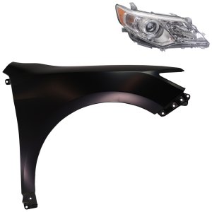 Headlight Assembly for Toyota Camry 2012-2014 Right (Passenger) Side, Halogen, 2-Piece Kit with Fender, Replacement