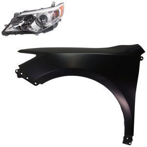 Headlight Assembly Kit for 2012-2014 Toyota Camry, Left (Driver) Side, Halogen, 2-Piece Set with Fender, Replacement