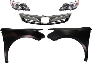 Headlight Assembly Kit for Toyota Camry 2012-2014, Right (Passenger) and Left (Driver), Halogen, 5-Piece Kit, with Fenders and Grille Assembly, Replacement