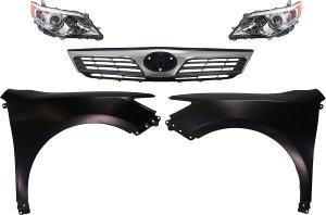 Headlight Assembly Kit for Toyota Camry 2012-2014, Right (Passenger) and Left (Driver), Halogen, 5-Piece with Fenders and Grille Assembly, Replacement