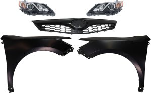 Headlight Assembly Kit for Toyota Camry 2012-2014, Right (Passenger) and Left (Driver), Halogen, 5-Piece with Fenders and Grille Assembly, Replacement