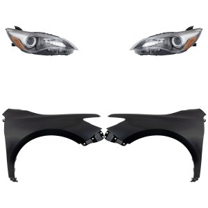 Headlight Assembly for Toyota Camry 2015-2017, Right (Passenger) and Left (Driver), 4-Piece Kit, Halogen, with Fenders, Replacement