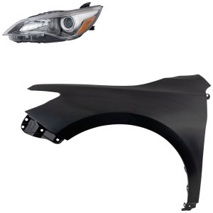Headlight Assembly for 2015-2017 Toyota Camry Left (Driver), 2-Piece Kit, Halogen, Includes Fender, Replacement