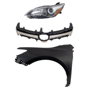 Headlight Assembly Kit for Toyota Camry 2015-2017, Left (Driver), Halogen, 3-Piece Set, Includes Fender and Grille Assembly, Replacement
