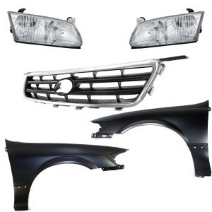 Front Fender Kit for 2000-2001 Toyota Camry, Right (Passenger) and Left (Driver), Primed (Ready to Paint), 5-Piece Set, Includes Grille and Headlights, Replacement