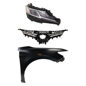 Headlight Kit for 2018 Toyota Camry Right (Passenger) Side, Includes Lens, Housing, 3-Piece LED Set with Fender and Grille Assembly, Replacement
