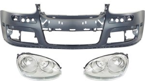 Headlight Assembly Kit for Volkswagen Jetta 2005-2010 / GTI 2006-2007, Right (Passenger) and Left (Driver), Halogen, 3-Piece with Bumper Cover, Replacement
