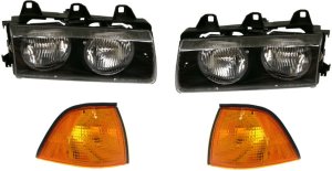 Headlight Assembly Kit for BMW 3-Series (1992-1999), Halogen, Right (Passenger) and Left (Driver), 4-Piece with Corner Lights, Replacement - Fits 318i, 325i, 328i, 330i.