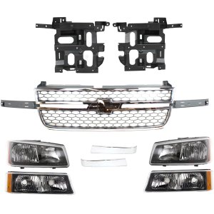 9-Piece Grille Kit for 2003-2007 Chevrolet Silverado including Grille Trims, Headlight Brackets, Headlights, and Turn Signal Lights Replacement
