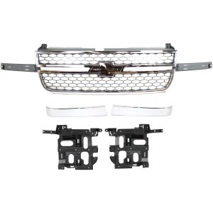 Grille for 2003-2007 Chevrolet Silverado, Complete 5-Piece Kit with Grille Trims and Headlight Brackets, Replacement