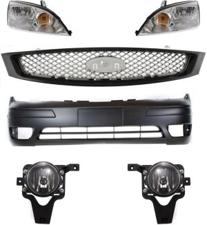 Headlight Assembly Kit for 2005-2007 Ford Focus, Right (Passenger) and Left (Driver), Halogen, 6-Piece with Bumper Cover, Fog Lights, and Grille Assembly Replacement