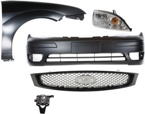 Headlight Assembly for 2005-2007 Ford Focus, Right (Passenger) Side, Halogen, 5-Piece Kit with Bumper Cover, Fender, Fog Light and Grille Assembly Replacement 