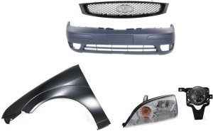 Headlight Assembly Kit for 2005-2007 Ford Focus, Left (Driver) Side, Halogen, 5-Piece Kit with Bumper Cover, Fender, Fog Light, Grille Assembly, Replacement