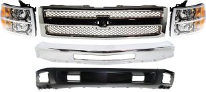 Grille Kit for 2009-2013 Chevrolet Silverado 1500, 5-Piece Set with Tow Hook Holes, Bumper, Headlights, Lower Air Deflector, Replacement
