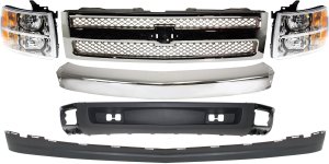 6-Piece Grille Kit for 2007-2008 Chevrolet Silverado 1500, Includes Bumper, Headlights, Lower Air Deflector, and Lower Air Deflector Extension, Replacement