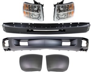Front Valance with Bumper, Bumper End, and Headlight for Chevrolet Silverado 1500, 2009-2013, 6-Piece Kit Replacement