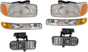 Headlight Assembly Kit for GMC Yukon/Yukon XL 1500/2500 2000-2006, Right (Passenger) and Left (Driver), Halogen, 6-Piece with Fog Lights and Parking Lights, Replacement