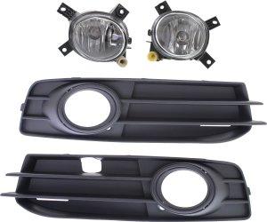 Fog Light Assembly Kit for Audi A3/A3 QUATTRO 2009-2013, Right (Passenger) and Left (Driver), 4-Piece, Halogen, Includes Fog Light Trim, Replacement