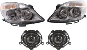 Headlight Assembly for 2007-2009 Saturn Aura, Right (Passenger) and Left (Driver), 4-Piece Kit, Halogen, with Fog Lights, Replacement
