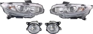Headlight Assembly Kit for 2016-2020 Honda Civic, Right (Passenger) and Left (Driver), Halogen, 4-Piece with Fog Lights, Replacement