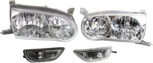 Headlight Assembly for 2001-2002 Toyota Corolla, Right (Passenger) and Left (Driver), 4-Piece Halogen Kit with Fog Lights, Replacement