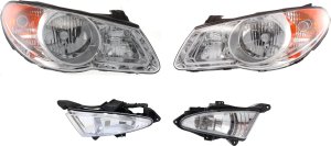 Headlight Assembly Kit for 2007-2009 Hyundai Elantra, Right (Passenger) and Left (Driver) Sides, Halogen 4-Piece Set with Fog Lights, Replacement