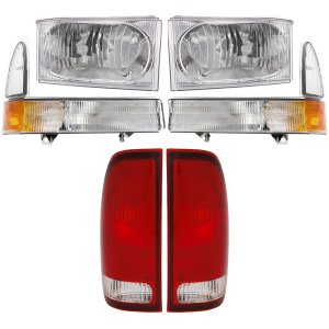 Headlight Assembly Kit for Ford F-Series Super Duty Pickup 2002-2004, Right (Passenger) and Left (Driver), Halogen, 6-Piece with Corner Lights and Tail Lights, Replacement