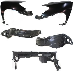 Front Fender Right (Passenger) and Left (Driver) 5-Piece Kit with Engine Splash Shield and Fender Liners for 2004-2005 Honda Civic, Replacement