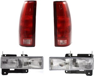 Headlight Assembly Kit for Chevrolet C/K Full Size Pickup 1988-2000, Right (Passenger) and Left (Driver), 4-Piece Halogen with Tail Lights, Replacement