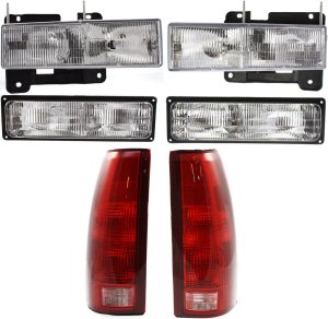 Headlight Assembly Kit for CHEVROLET C/K Full Size Pickup 1994-2000, Right (Passenger) and Left (Driver), Halogen, 6-Piece Set with Tail Lights, Turn Signal Lights, Replacement