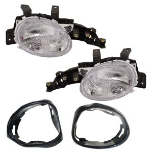 Headlight Kit for Dodge Neon 1995-1999, Right (Passenger) and Left (Driver), without Bulbs, Halogen, 4-Piece Kit with Headlight Bezels, Replacement